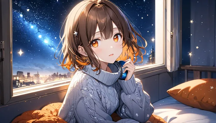 background：By the window in the room、 stars twinkling in the night sky 。  
expression：目を閉じてリラックスしたexpression。  
Costume： thick knit and warm skirt 。  
 pose：Sitting on a cushion by the window 、 holding a hot drink while watching the starry sky。  
scene：( b...