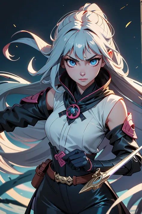 Create an image of Tsukuyomi, the Goddess of the Moon and Night. She is depicted as a skilled assassin, master of the art of stealth and shadow. Tsukuyomi is a striking figure, with long gray hair tied at the top of her head, making it easy for her to move...