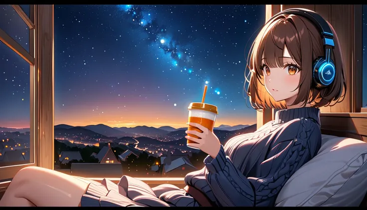 background：By the window in the room、 stars twinkling in the night sky 。  
expression：目を閉じてリラックスしたexpression。  
Costume： thick knit and warm skirt 。  
 pose：Sitting on a cushion by the window 、 holding a hot drink while watching the starry sky。  
scene：( b...