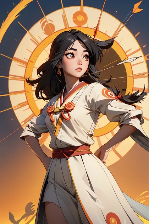 Amaterasu, (depicted as a 30-year-old female sun goddess:1.3), is portrayed as a master archer radiating divine light. She has black hair and amber eyes, exuding an aura of dignity and majesty. On her back, she carries a finely decorated quiver filled with...