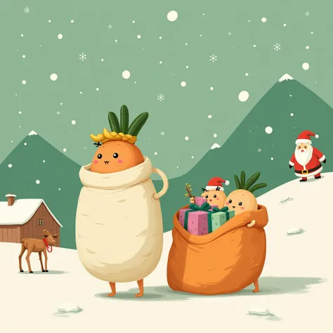 masterpiece, Santa Claus Village, Minimalist , 2color stye,only use two-color abstract painting in green and orange , cute Japanese radish characters , they carries presents to a big bag, small silhouette of one Santa Claus and a reindeer ,The background i...