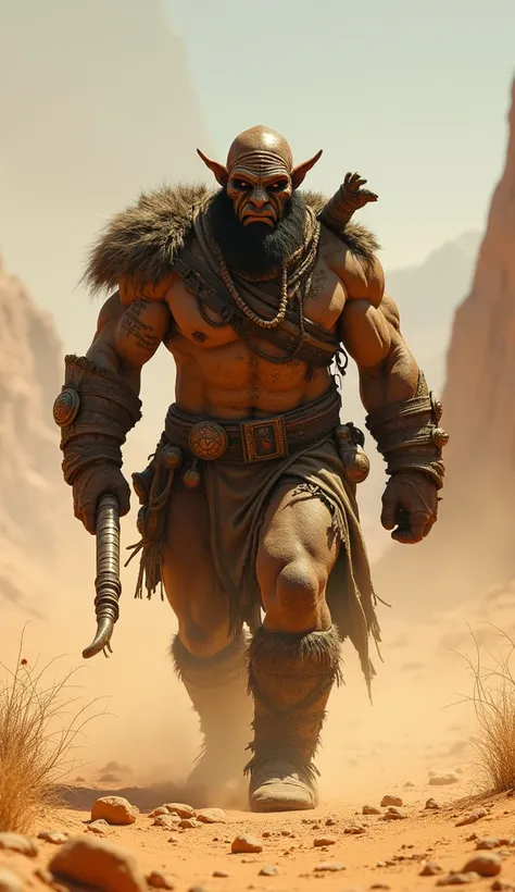 "A fierce orc, walking straight forward through a desolate, sun-baked desert. His striped mask and battle-worn tribal armor exude strength, as he holds a weapon tightly, ready for battle. The atmosphere is one of raw power and survival."
