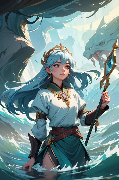 A divine depiction of Kushinada-hime as a river goddess, emanating an aura of grace and fierce determination. She stands poised by a roaring river, her sleek and elegant spear held firmly in her hand, glinting in the light of the setting sun. Her piercing,...