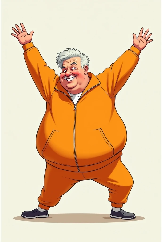 Create a cartoon image of an elderly person with obesity.  He has sportswear and is stretching.
