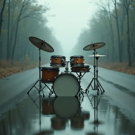  drum set, drums, drum kit, drumkit, playing drums, bass drum there is in the middle of the road which is flooded around it