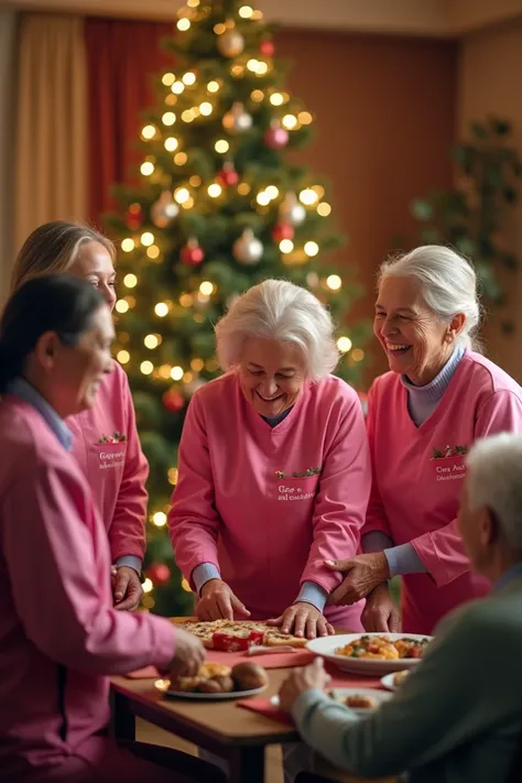  A group of young caregivers of the elderly , uniformed,  with uniforms in the color pink ,  written on the pocket of their uniforms  " Care and affection ",  celebrating around a Christmas tree, The Christmas date , arte cinematic realistic