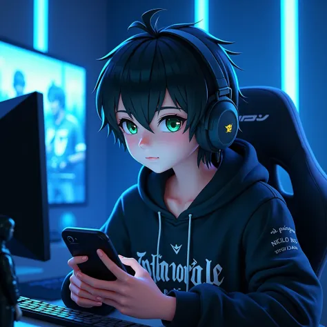  yotube avatar for Pubg .  Handsome 3D anime guy with dark hair and green eyes,  CHARACTER in a black hoodie with “IMMORTAL FAMILY” lettering on his chest. SITS ON A GAMING CHAIR WITH HEADPHONES ,  PLAYING PUBG ON HIS SMARTPHONE,  IN FRONT OF A COMPUTER MA...