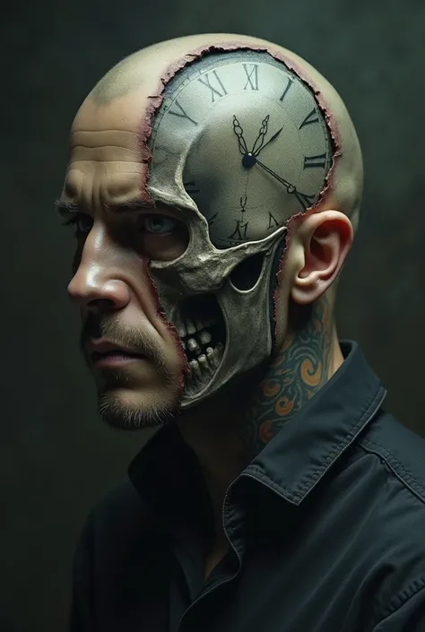 A man with half the skull face and with a time clock for a tattoo