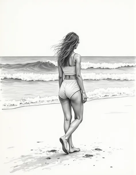 pen sketch of a woman walking to the beach