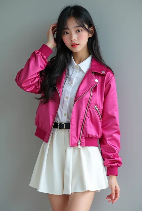 A high school student with long black hair wearing a white button-up shirt, Wear a white skirt、,Tighten your black belt、She is wearing a collarless zippered dark shocking pink satin jacket.。Healthy and slender bare legs in pink socks、Wearing white sneakers...