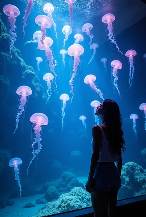 Aquarium image 　 super high definition 　 There are lots of jellyfish in the glass tank 　Fantastic light-up　 Fantastic blue or purple lighting shines in a slightly dark space　 translucent glass fish tank 　 Contemporary space 　 First-Person Perspective 　unma...