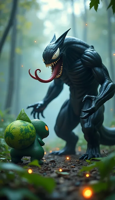 A hyper-realistic cinematic scene featuring Bulbasaur and Venom in the same frame. On the left, Bulbasaur stands on all fours, its small, green body covered in intricate leaf-like patterns, with a vibrant bulb on its back glowing faintly. On the right, Ven...