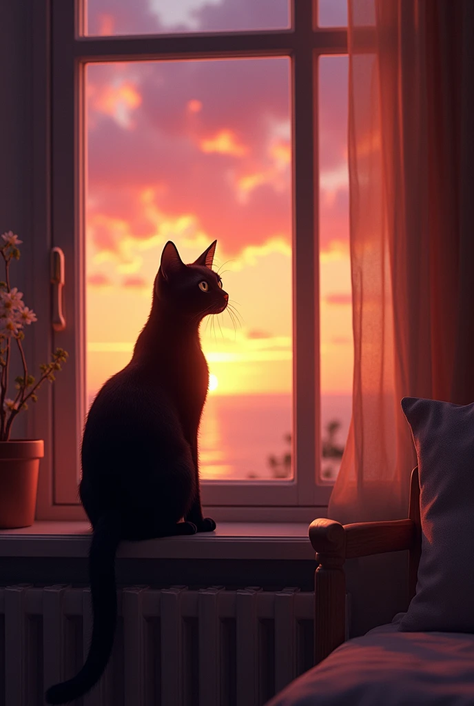 "A sleek black cat sits elegantly on a window ledge, gazing at a stunning orange sunset over the horizon. The cozy room behind the cat is filled with warm colors, completing the harmonious and calming atmosphere.

