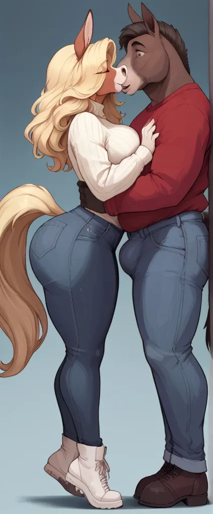 [2person] (female horse anthro, long fluffy blonde hair, horse, breasts big, appealing, white sweater, shorts jeans, brown thigh high boots, long sleeves, shapely body, horsetail, big, white body fur, elegant horse face, feminine, Watchful eyes, (expressio...