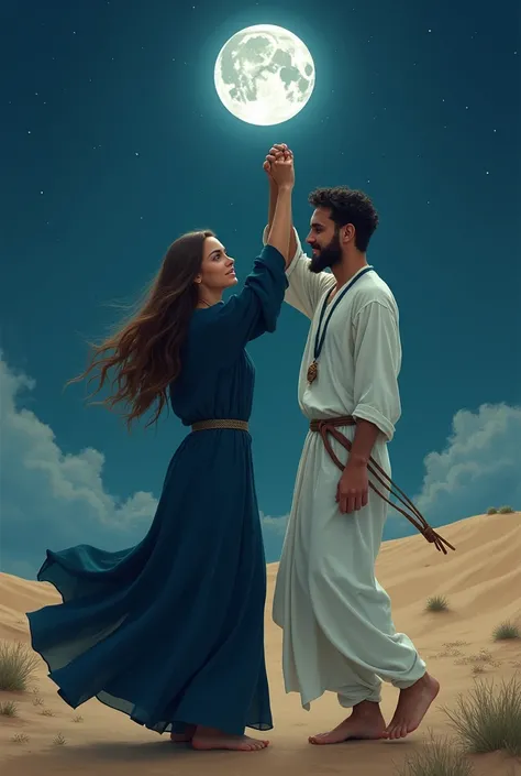 a young white couple.  woman israeli oval face green eyes with long straight brown hair and long and dark blue mantle like saint, modest clothes, standing and dancing with arms up.  man has beard and black hair he wears white long indian kurta. he is danci...