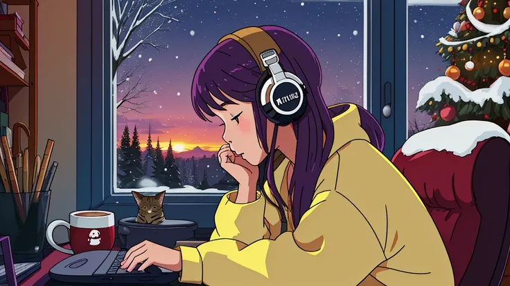 Girl sitting at desk in lo-fi style and studying on computer facing window, snow, morning clock, looking at computer, mug of coffee next to computer, girl in warm clothes in cold season, Chris is in the room, so keep your eyes open. Decorated with a mass t...