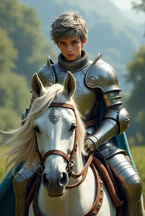 A teenage boy, smoky, hair-haired, blue-eyed, wearing a knights suit, riding a white horse