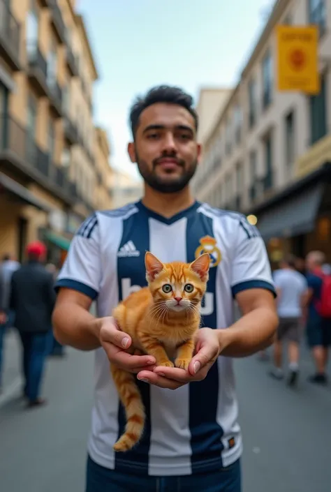 A  wearing a Real Madrid shirt holds a very small orange cat in his hand on a street