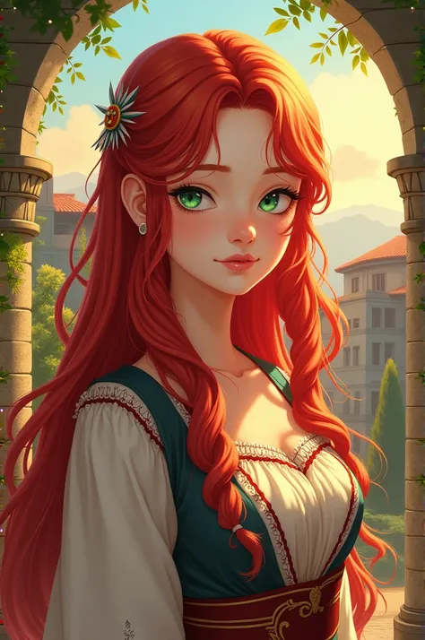 Make a albania anime girl with red hair and green eye