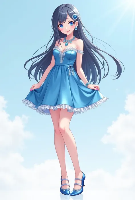  anime girl.  Full length from head to toe . 27 years old. Short blue shiny dress .  Blue shiny shoes open-toe heels.  Pink lips and long pink nails .  Big chest and ass ,  choosing from a dress .  thin waist.  White blue gemstone necklace .  White blue ge...