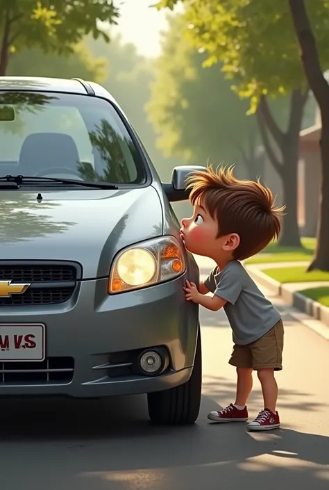 Boy kisses Chevrolet Aveo (gray color )