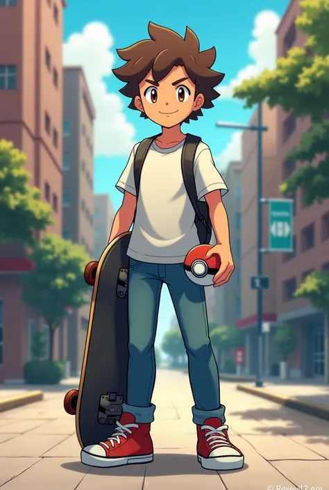 Young brunette with curly and short hair with skateboard,  holding a Pokébola 