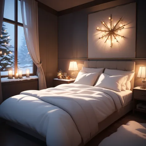 sensual bedroom, christmas, warm lighting, soft bedsheets, twinkling lights, snowy landscape outside window, cozy atmosphere, high quality, 8k, detailed, photorealistic, chiaroscuro lighting, cinematic composition, romantic, intimate, elegant, stylish