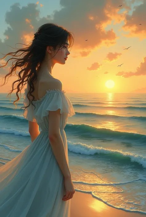 an illustration of a poem about a girl looking into the distance of the sea during an evening sunset