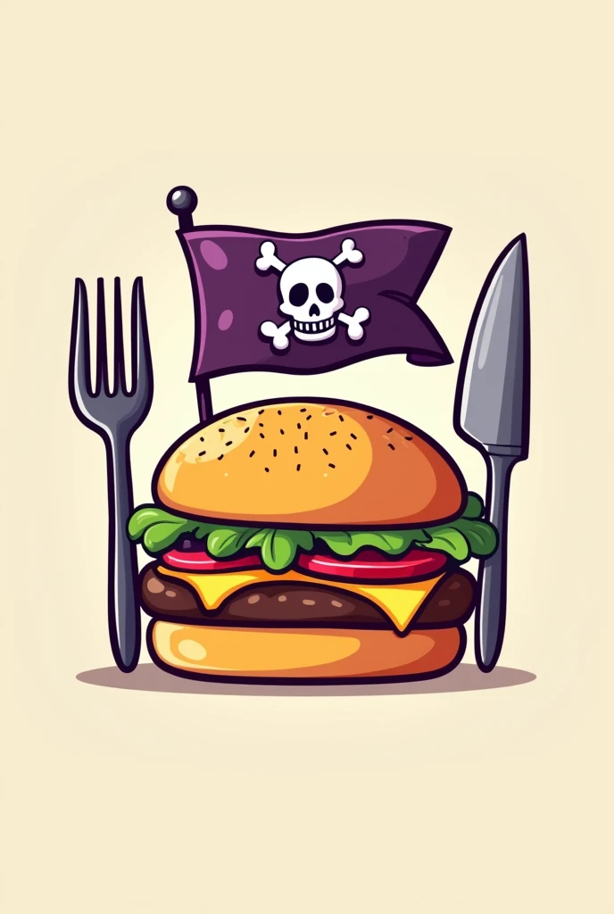 Burger with a knife and fork in the shape of a purple and yellow pirate flag in cartoon for company logo 