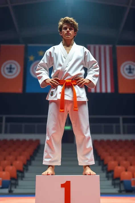 Tall young white man with big brown hair on podium in first place in orange belt karate 