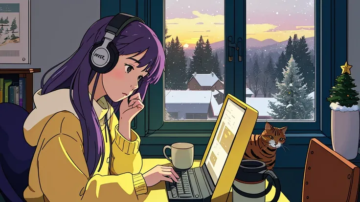  A girl in lo-fi style sitting at her desk facing the window studying on her computer, snow, morning clock, View the computer,  mug beside her computer ,  A girl dressed warmly in the cold season ,  Chris is in my room ,  so open your eyes .  Decorated wit...