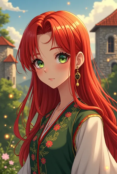 Make a albania anime girl with red hair and green eye