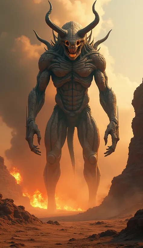 "A terrifying alien whose massive, hulking body is covered in rough, cracked skin resembling the arid outback, with glowing cracks running across its surface like molten lava. Its face is partially hidden behind a twisted, skeletal mask resembling a kangar...