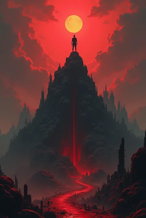 A human on top of a mountain of evils, all very bloody, with buildings and streets at a bloody night that seems animated and not created by ia