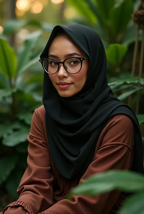 (photorealism:1.2), beautiful woman, a beautiful Indonesian woman with sharp nose, pretty face,  face, tanned skin, sexy face, wearing hijab, wearing glasses sitting in a tropical garden, intricate detailed portrait, (best quality,4k,8k,highres,masterpiece...