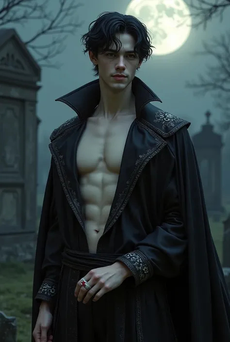 I need a hyperrealistic image of a young male vampire .  He is wearing elegant but old clothes from the eleventh century with an open shirt to see his upper body.  He has pale but also delicate skin and is slim and thin but also sporty .  He has a distinct...