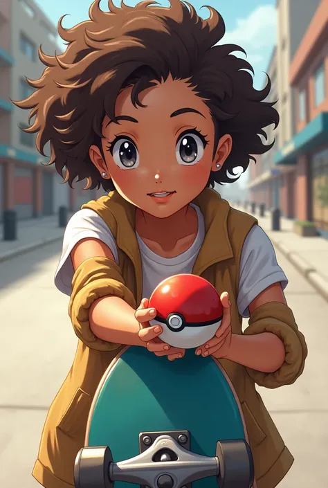 Young brunette with curly and short hair, com skate,  holding a Pokébola 