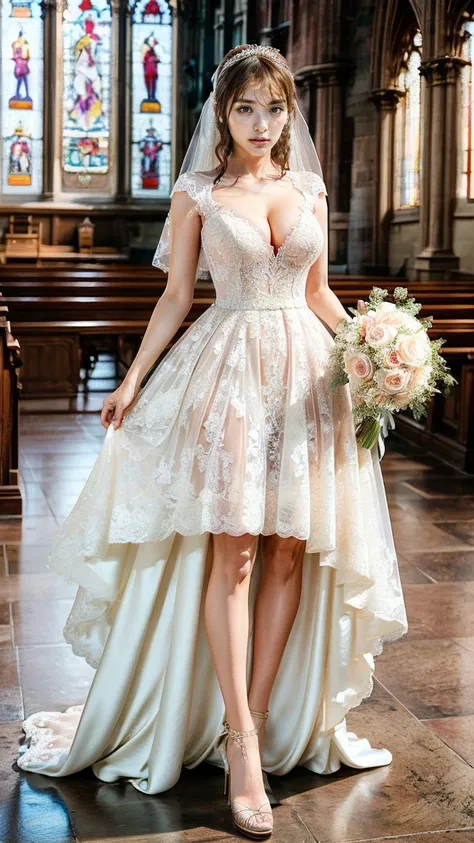 A beautiful young Japanese woman, 26 years old, with healthy thighs, beautiful legs, flawless skin, random hair color and style, large breasts, wearing a (wedding dress:1.3), (she is standing:1.2), full body shot, high heels, holding a bouquet in her hands...