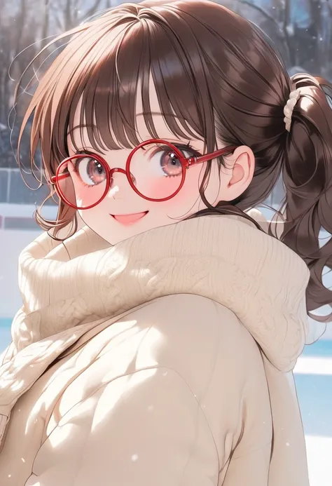 harmonious composition, newest. 
BREAK 
1girl, , Elementary school girl, brown hair, big eyes, black eyes, ((red round eyewear)), side ponytail, smile, blushful, cute, kawaii, short stature,
 A girl is skating at the rink, looking smug about her actions. s...