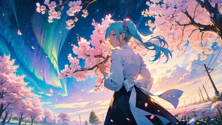 (masterpiece、Highest quality、Highest quality、Official Art、beautiful, beautiful:1.2)、(1 girl:1.3)hatsune miku、Twin tails,big,(High resolution、Very detailed、Hmph、movie、Cherry Blossom Gardenに立つ女の子、Cherry Blossom Garden、Cherry blossom petal splash art、Ultra De...