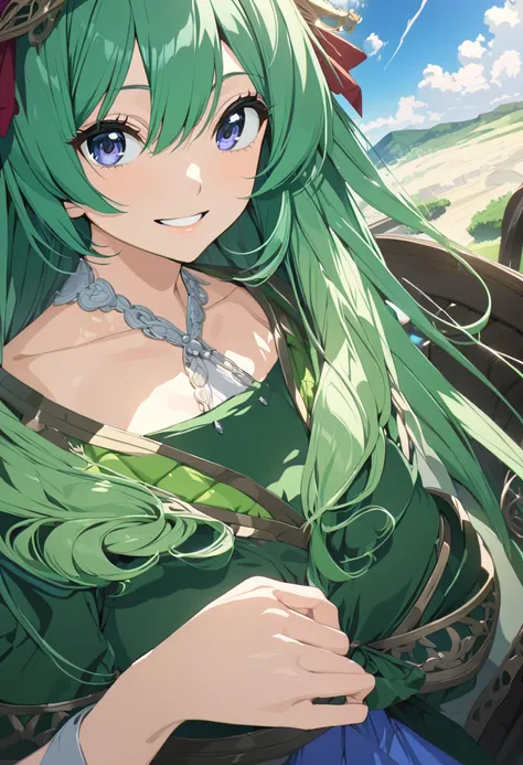 masterpiece,best quality ,ultra detailed,source_anime ,Anime style, ((Daiyousei_Touhou project )),(green hair,),smile,innocent face,baby face,big tits,