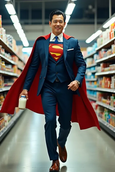 a reporter known as Clark Kent ,a 60-year-old Korean face, attractive, a suit with muscular, showing the blue Superman suit, He running with big strides carrying a bottle of milk in supermarket., patriotic smile, 16k,UHD, dslr, insane details, award-winnin...