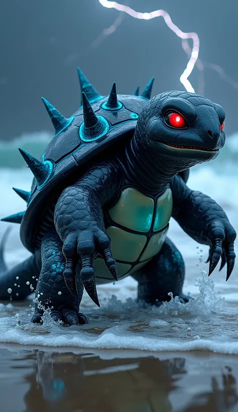 A hyper-realistic fusion of Squirtle and Venom. The hybrid features Squirtle’s turtle-like body, now covered in a shiny black symbiotic layer with glowing blue veins. Its shell is reinforced with jagged, symbiotic spikes and emits a faint, eerie glow. Its ...