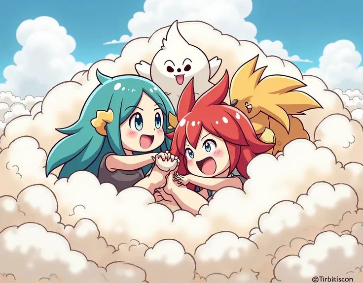 An anime-style comic depicting many mikos playfully wrestling with each other inside a big futon comical fight cloud.
each miko has different  colored hair.
their faces,hands,and feet are visible emerging from the cloud as they tussle humorously,  with the...