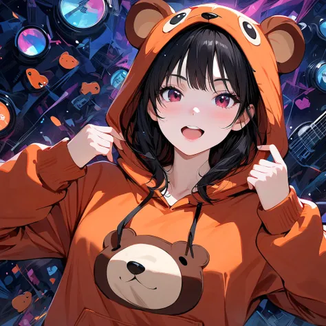 (masterpiece, best quality:1.2), 1 girl, unique, mature woman, beaver onesie, beaver pajamas, sunglasses, music-themed background, fish eye lens on 1 eye