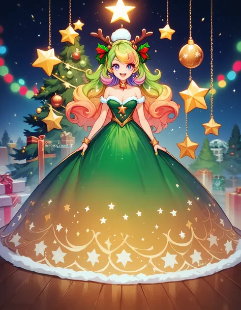 A girl standing in front of a Christmas tree, wearing a green and gold dress, colorful ornaments, a star-shaped hair accessory, with a joyful expression on her face, in front of a warm fireplace in an indoor setting