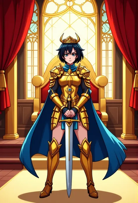 A fierce and regal woman with Asian features, her short, jet-black hair sharp yet elegant. She wears a delicate tiara with intricate golden horn-like designs that complement her shining, ornate valkyrie-style golden armor. A flowing blue cape cascades from...