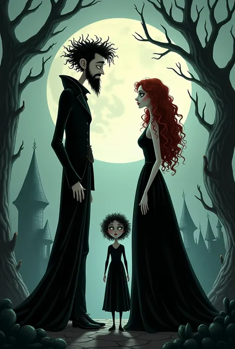 Create an gothic animation tim burton style, with a man dressed in black with curly hair and a long beard, a woman in black with curly red hair, and a baby girl in a black dress and black hair