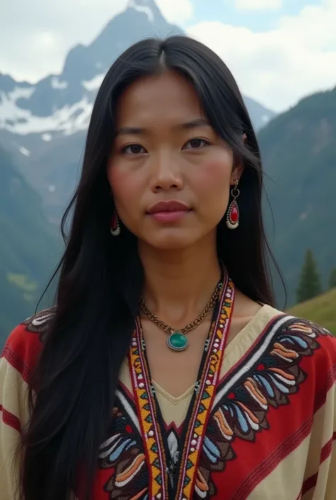 A front portrait of a slim woman with medium brown skin, high cheekbones, and long straight black hair. She wears traditional beadwork, with a mountain range softly blurred behind her.