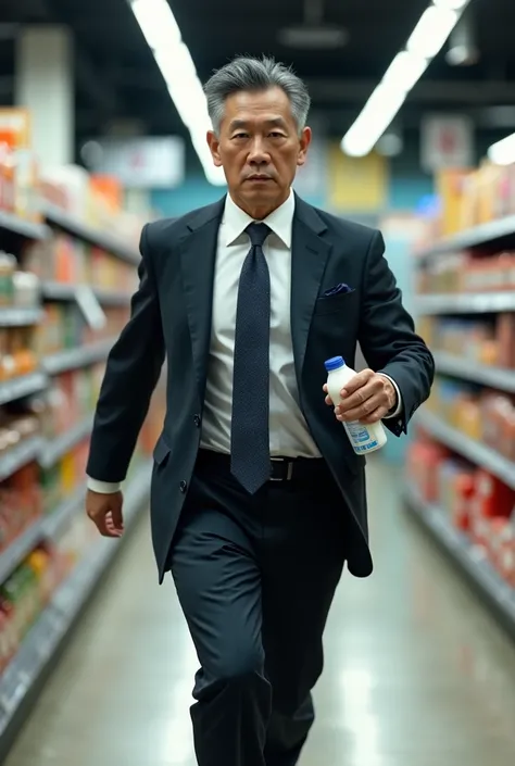 a 60-year-old Korean face, attractive, a suit with muscular, showing the blue Superman suit, He running with big strides carrying a bottle of milk in supermarket., patriotic smile, 16k,UHD, dslr, insane details, award-winning photo,
